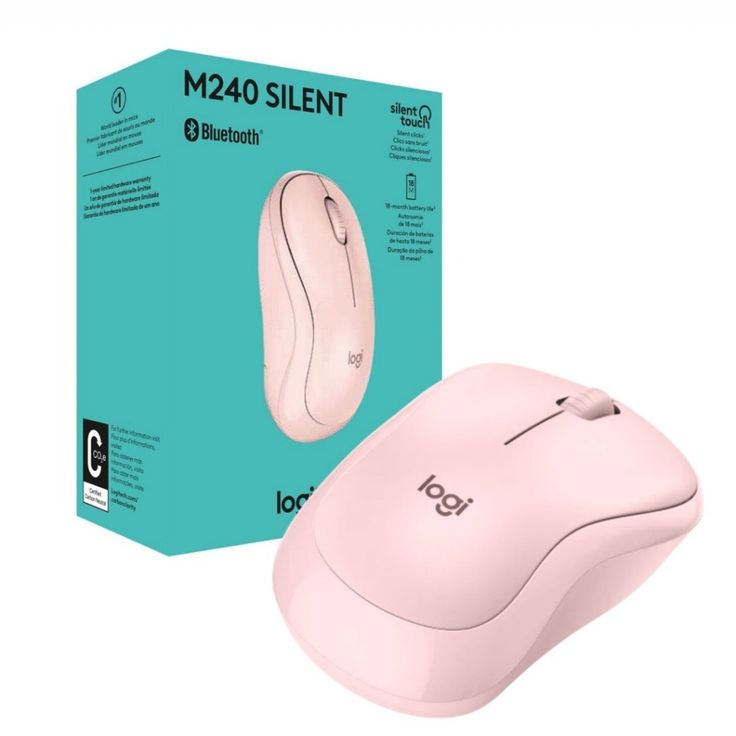 The image shows a Logitech M240 Silent Bluetooth mouse in a light color, alongside its packaging box which has text and branding.